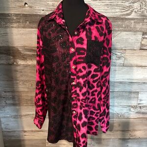 NWOT SHEIN Pink and Black Leopard Button Down Shirt with Sequin Bling